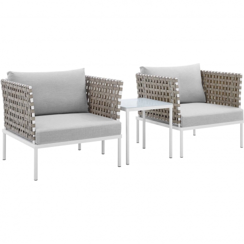 Harmony Outdoor 3 Piece Accent Chair Set in Tan Weave & Gray Sunbrella