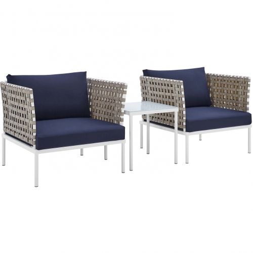 Harmony Outdoor 3 Piece Accent Chair Set in Tan Weave & Navy Blue Sunbrella