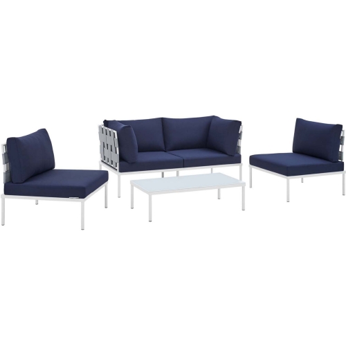 Harmony Outdoor 4 Piece Sofa Set in Gray Fabric & Navy Blue Sunbrella