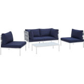 Harmony Outdoor 4 Piece Sofa Set in Gray Fabric & Navy Blue Sunbrella