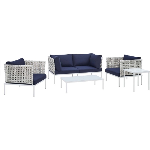 Harmony Outdoor 5 Piece Sofa Set in Taupe Weave & Navy Blue Sunbrella