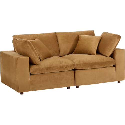 Commix Down Filled Overstuffed Loveseat in Cognac Performance Velvet