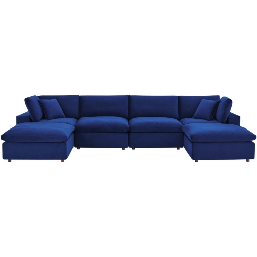 Commix Down Filled Overstuffed 6 Piece Sectional Sofa in Navy Blue Velvet