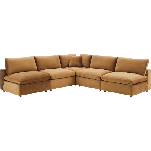 Commix Down Filled Overstuffed 5 Piece Sectional Sofa in Cognac Velvet