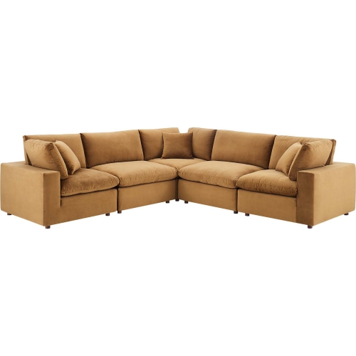 Commix Down Filled Overstuffed 5 Piece Sectional Sofa in Cognac Velvet