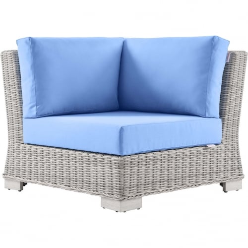 Conway Outdoor Corner Chair in Light Bue Fabric & Gray Wicker Rattan