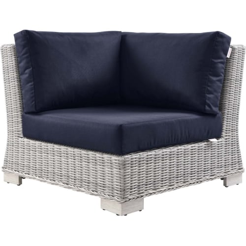 Conway Outdoor Corner Chair in Navy Bue Fabric & Gray Wicker Rattan