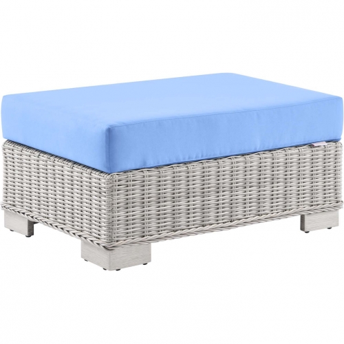 Conway Outdoor Ottoman in Light Bue Fabric & Gray Wicker Rattan