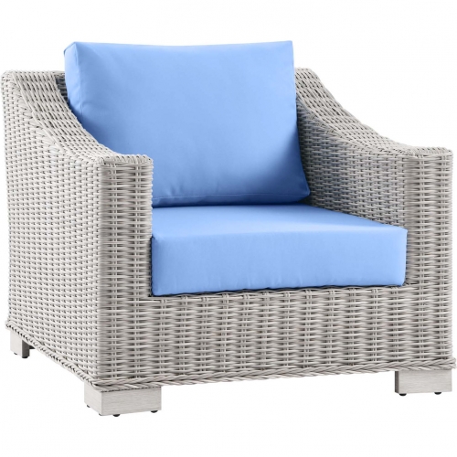 Conway Outdoor Arm Chair in Light Bue Fabric & Gray Wicker Rattan