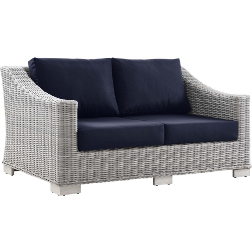 Conway Outdoor Loveseat in Navy Bue Fabric & Gray Wicker Rattan