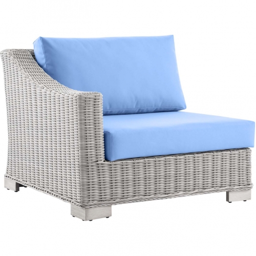 Conway Outdoor Left Arm Chair in Light Bue Fabric & Gray Wicker Rattan