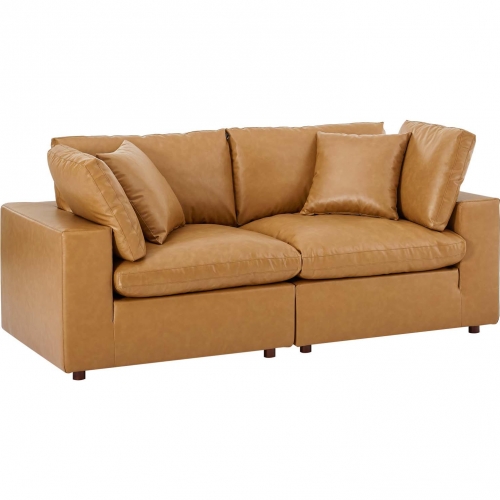 Commix Down Filled Overstuffed Loveseat in Tan Vegan Leather