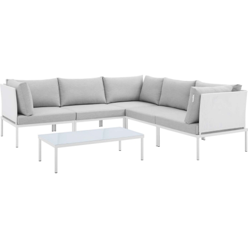 Harmony Outdoor 6 Piece Sectional Sofa Set in White Fabric & Gray Sunbrella