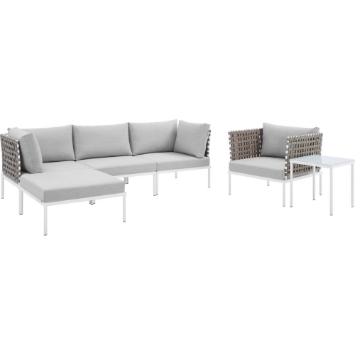 Harmony Outdoor 6 Piece Sectional Sofa Set in Tan Weave & Gray Sunbrella