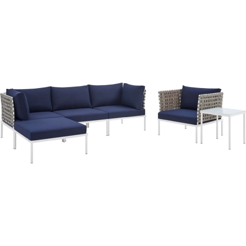 Harmony Outdoor 6 Piece Sectional Sofa Set in Tan Weave & Navy Blue Sunbrella