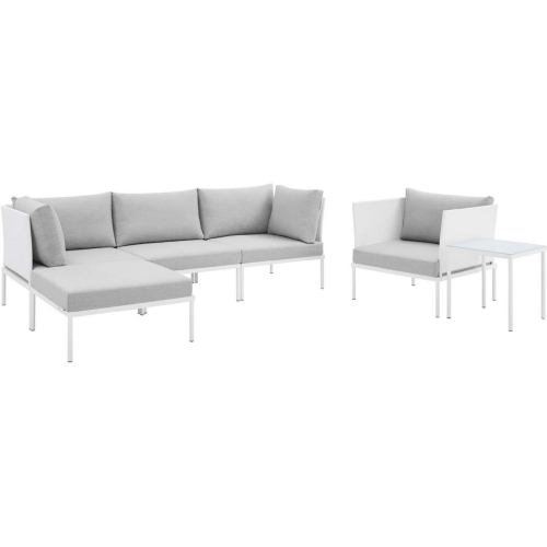 Harmony Outdoor 6 Piece Sectional Sofa Set in White Fabric & Gray Sunbrella