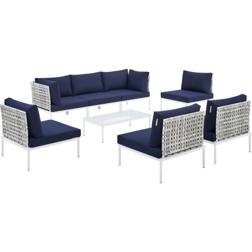 Harmony Outdoor 8 Piece Sectional Sofa Set in Taupe Weave & Navy Blue Sunbrella