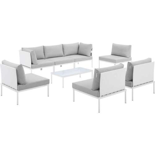 Harmony Outdoor 8 Piece Sectional Sofa Set in White Fabric & Gray Sunbrella