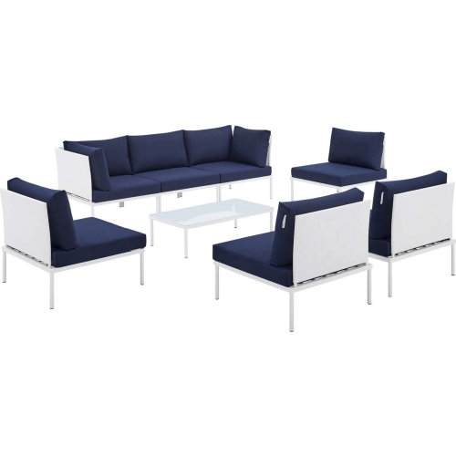 Harmony Outdoor 8 Piece Modular Sectional in White Fabric & Navy Blue Sunbrella