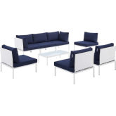 Harmony Outdoor 8 Piece Modular Sectional in White Fabric & Navy Blue Sunbrella