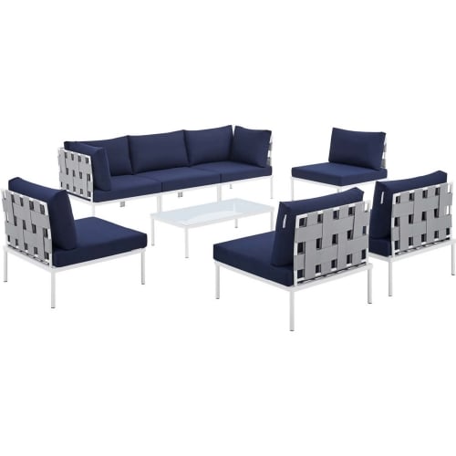 Harmony Outdoor 8 Piece Sectional Sofa Set in Gray & Navy Blue Sunbrella &reg;