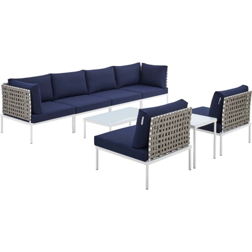 Harmony Outdoor 8 Piece Sectional Sofa Set in Tan Weave & Navy Blue Sunbrella &reg;