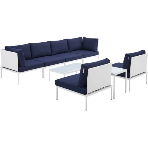 Harmony Outdoor 8 Piece Sectional Sofa Set in White Weave & Navy Blue Sunbrella &reg;