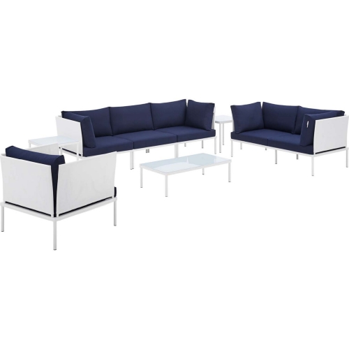 Harmony Outdoor 8 Piece Sectional Sofa Set in White Weave & Navy Blue Sunbrella &reg;