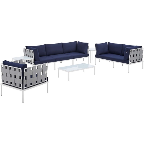 Harmony Outdoor 8 Piece Sectional Sofa Set in Gray Weave & Navy Blue Sunbrella &reg;