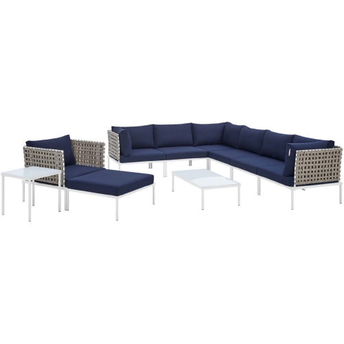 Harmony Outdoor 10 Piece Sectional Sofa Set in Taupe Weave & Navy Blue Sunbrella &reg;