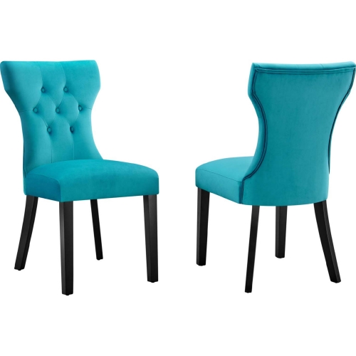 Silhouette Dining Chair in Tufted Blue Velvet & Black Wood (Set of 2)