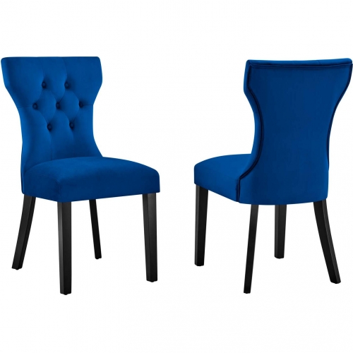 Silhouette Dining Chair in Tufted Navy Blue Velvet & Black Wood (Set of 2)