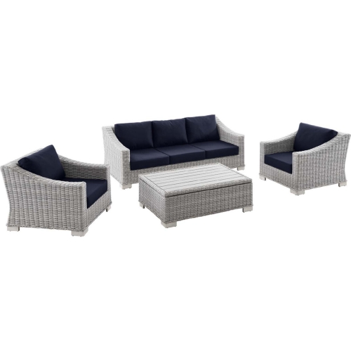 Conway Outdoor 4 Piece Sofa Set in Light Gray Poly Rattan & Navy Blue Fabric