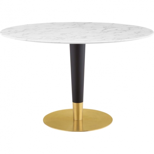 Zinque 47" Dining Table in White Faux Marble, Black & Gold Steel