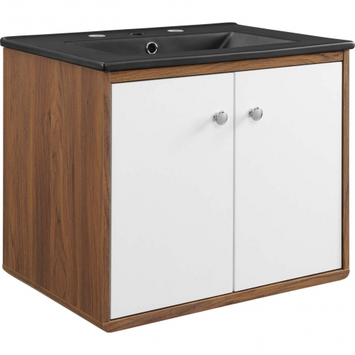 Transmit 24" Wall Mount Bathroom Vanity in Walnut Finish, White & Black Ceramic