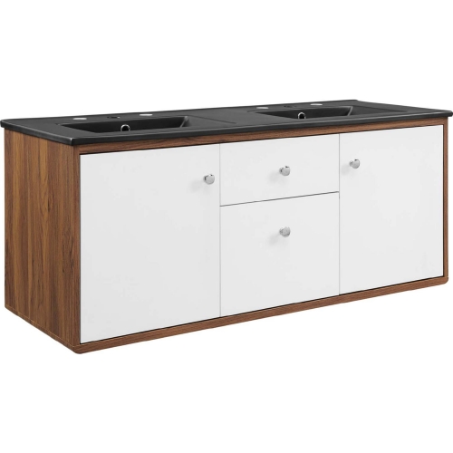 Transmit 48" Wall Mount Bathroom Vanity in Walnut Finish, White & Black Ceramic