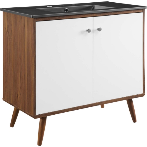 Transmit 36" Bathroom Vanity in Walnut Finish, White & Black Ceramic