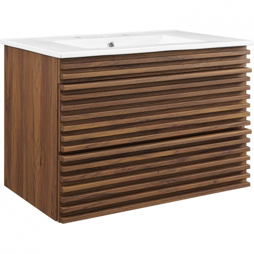 Render 30" Wall Mount Bathroom Vanity in Walnut Finish & White Ceramic