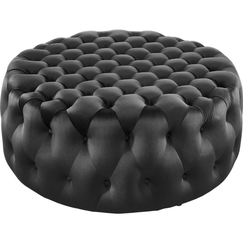 Amour Round Ottoman in All Over Button Tufted Black Velvet