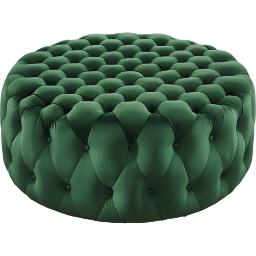 Amour Round Ottoman in All Over Button Tufted Emerald Green Velvet