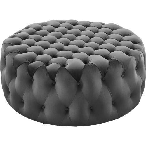 Amour Round Ottoman in All Over Button Tufted Gray Velvet