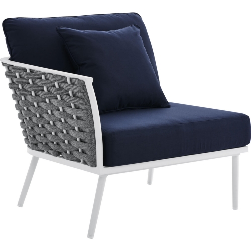 Stance Outdoor Left Facing Arm Chair in Whit Metal & Navy Blue Fabric