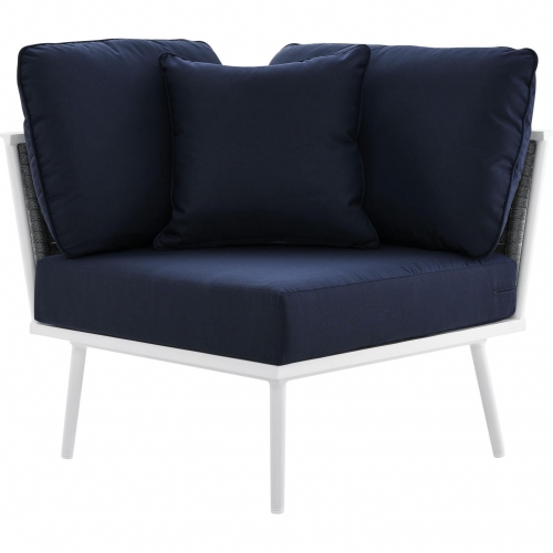 Stance Outdoor Corner Chair in Whit Metal & Navy Blue Fabric