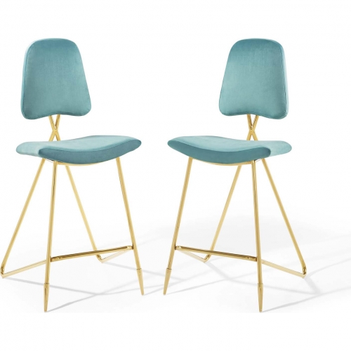 Ponder Bar Stool in Sea Blue Velvet & Gold Stainless (Set of 2)