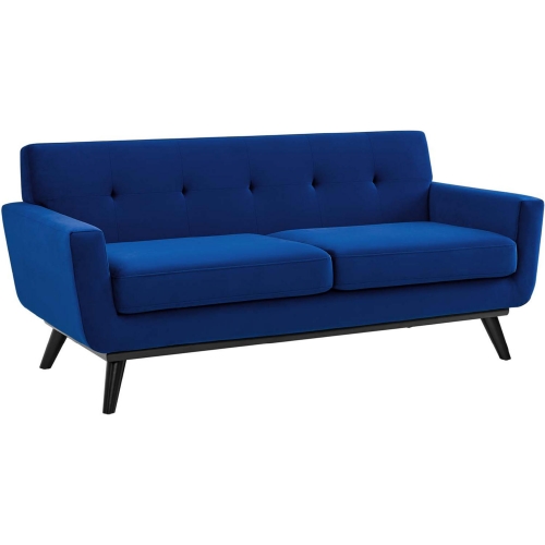 Engage Loveseat in Tufted Navy Blue Velvet & Black Wood Legs