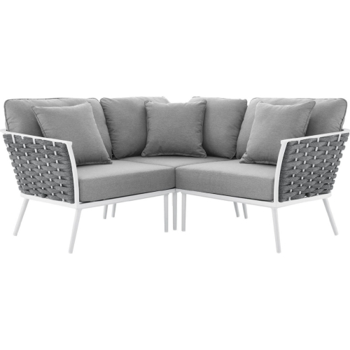 Stance 3 Piece Outdoor Sectional Sofa in White Metal & Gray Fabric