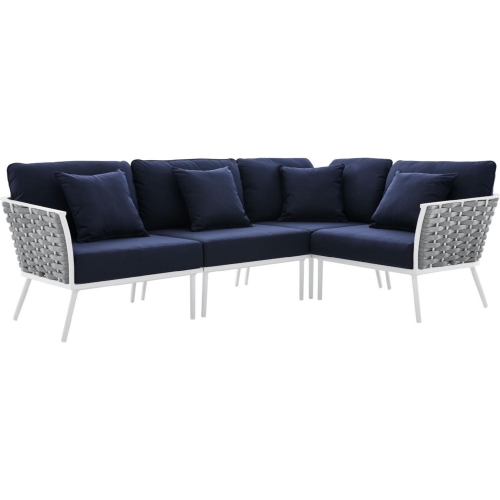 Stance 4 Piece Outdoor Sectional Sofa in White Metal & Navy Blue Fabric