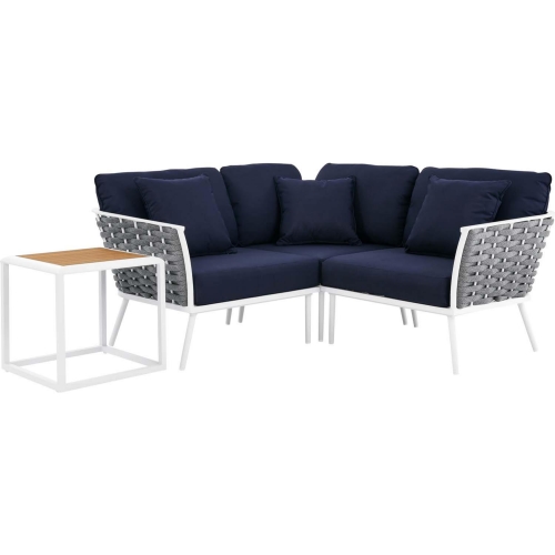 Stance 4 Piece Outdoor Sectional Sofa Set in White Metal & Navy Blue Fabric