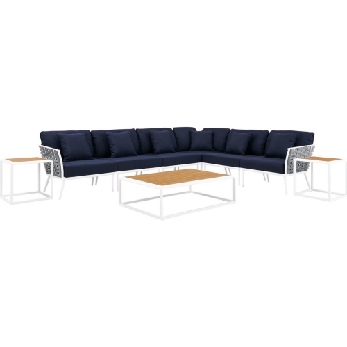 Stance 9 Piece Outdoor Sectional Sofa Set in White Metal & Navy Blue Fabric