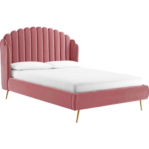 Lana Queen Wingback Platform Bed in Channel Tufted Dusty Rose Fabric & Gold